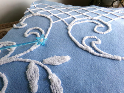 Most Beautiful Old Rose Vintage Chenille Fabric, 17.5" x 32" inch Piece, White Trellis & Scrollwork on Sky Blue Cotton, for Quilts, Pillows