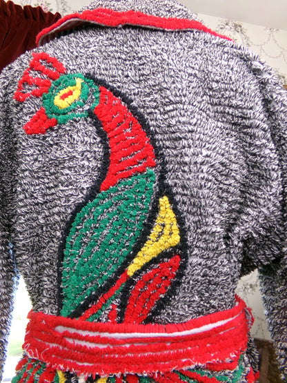 Vintage Chenille Peacock Robe, Short Length Bathrobe or Coverup, Salt 'n Pepper Black & White w/ Red Accents, Handmade