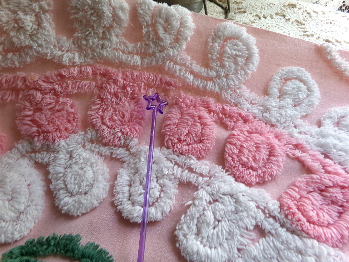 frosted pink cupcake vintage chenille fabric, iced wedding cake design with rose flower, 21" x 30" inch piece of sewing material