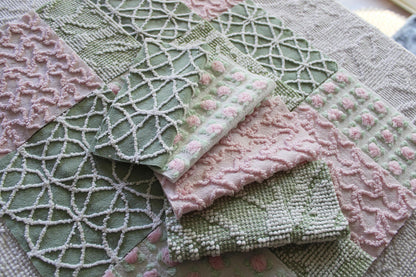 rosy romance chenille fabric squares, set of 16 vintage quilt blocks 6" inches ea, squiggle, hobnail, rosebud texture in jade & pink rose