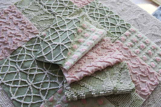 rosy romance chenille fabric squares, set of 16 vintage quilt blocks 6" inches ea, squiggle, hobnail, rosebud texture in jade & pink rose