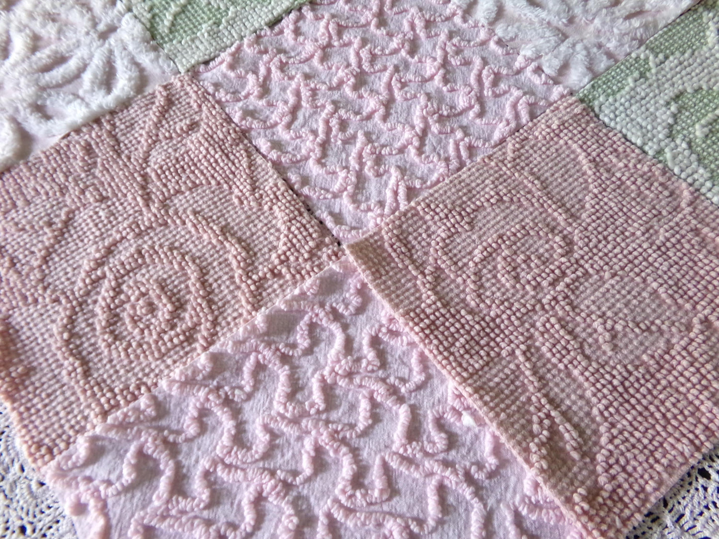 Garden Walk Chenille Quilt Squares Set from Vintage Bedspread Fabric, 16 Blocks, 6" inch in Sage Green, Pink, Rose Mist & Whispers of White