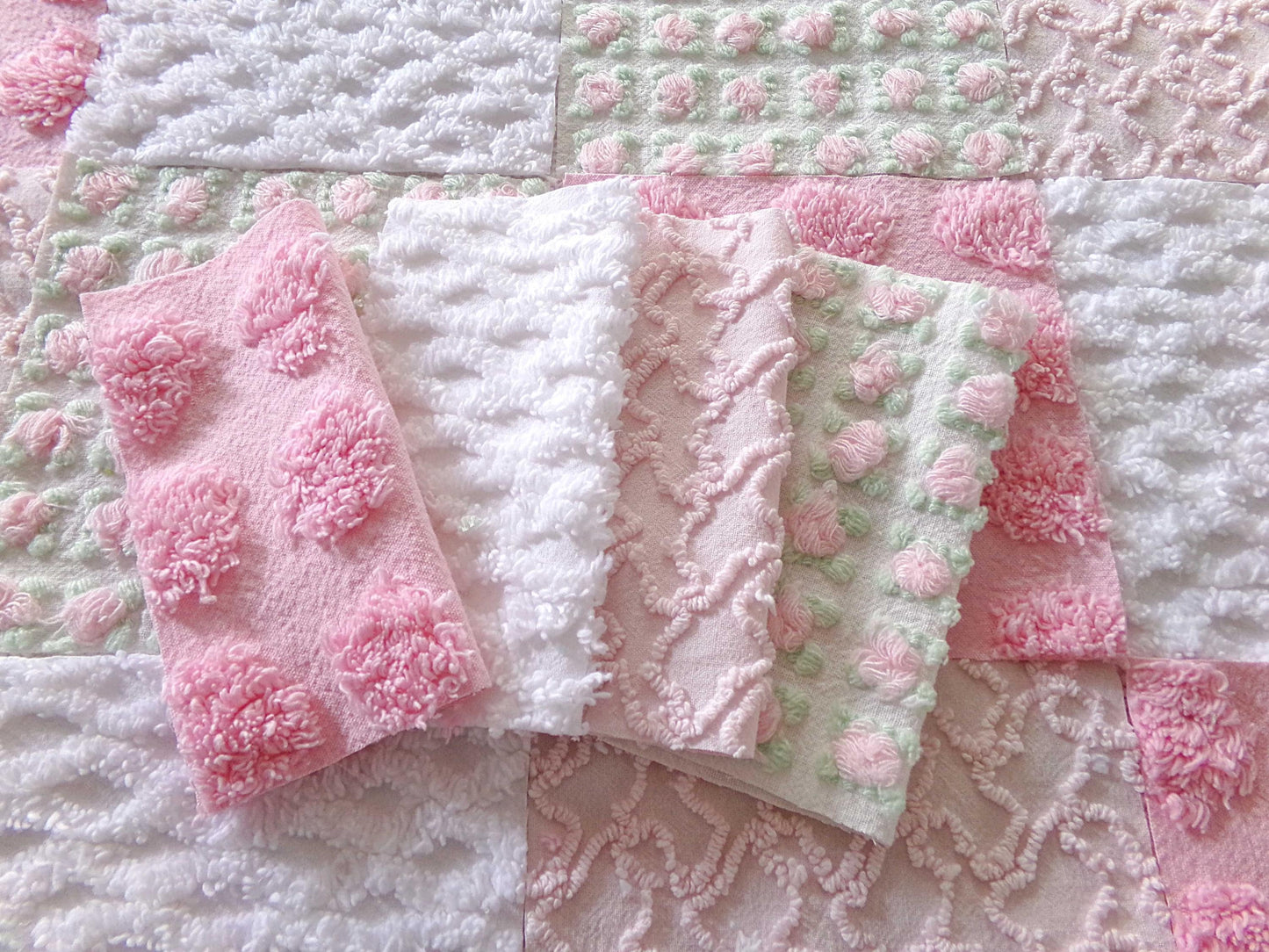 fairy chic chenille fabric squares, pink cottage rosebuds, 16 vintage quilt blocks 6" x 6" inch, for patchwork pillows, quilting, crafts
