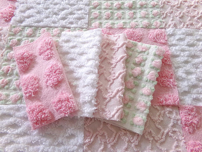 fairy chic chenille fabric squares, pink cottage rosebuds, 16 vintage quilt blocks 6" x 6" inch, for patchwork pillows, quilting, crafts