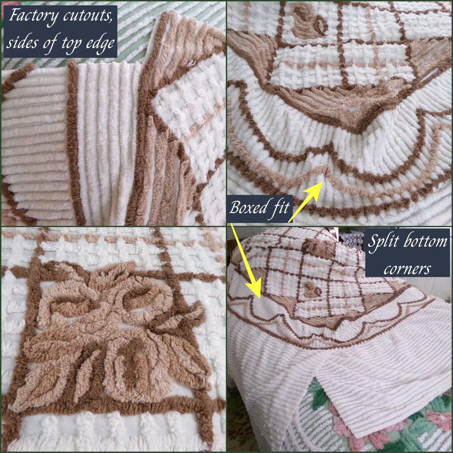 Vintage full size chenille bedspread, chocolate brown roses, boxed & fitted design