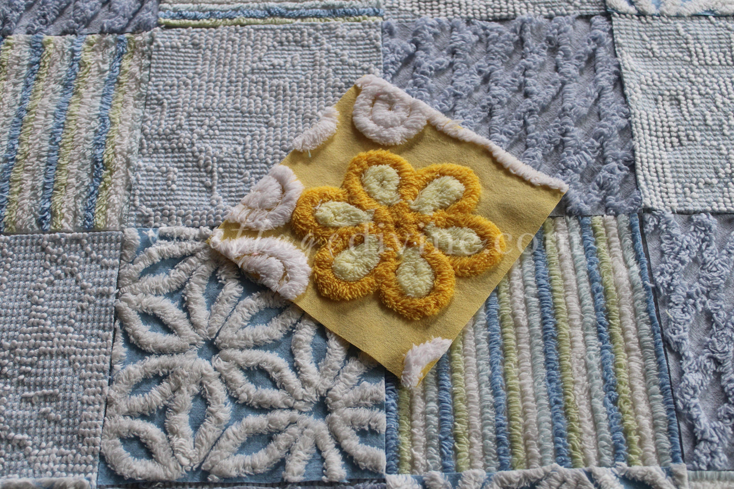 Coastal Morning Chenille Quilt Squares Set, from Vintage Bedspread Fabric, 16 Blocks, 6" inch & Extra Sunshine Flower Square