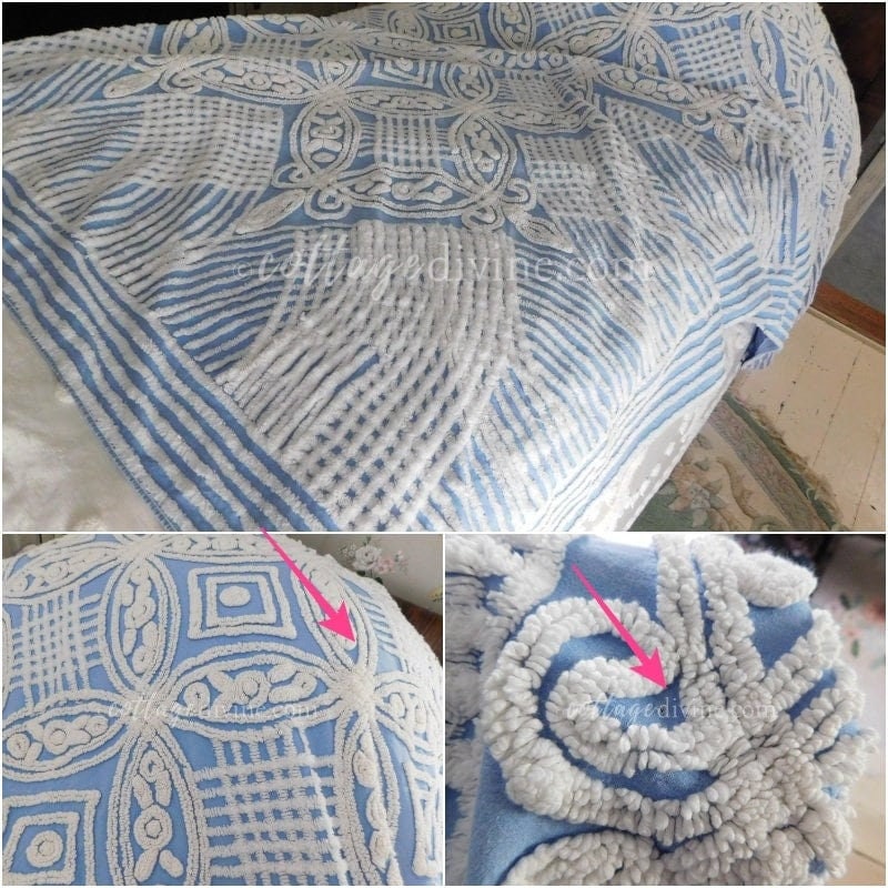 Porcelain Blue & White Rosette Vintage Chenille Bedspread, Cottage Chic Charm, 86" x 100", Full