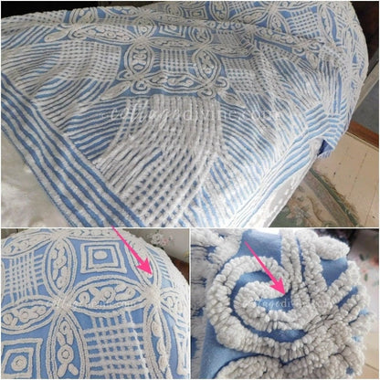 Porcelain Blue & White Rosette Vintage Chenille Bedspread, Cottage Chic Charm, 86" x 100", Full
