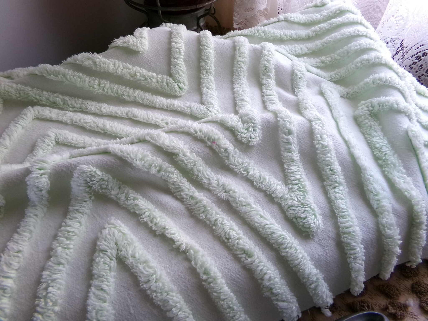 Mountain Peaks Vintage Chenille Fabric, Optic Green Design, 23" x 14" Inch Piece, Sewing Material for Quilts & Crafts