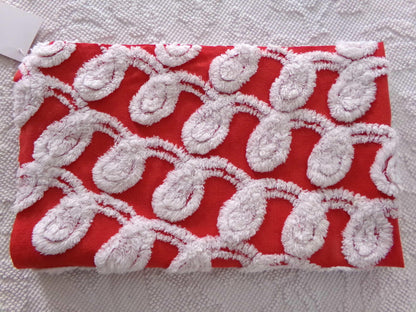 rare white curlicues on red fabric, 15" x 26" inch piece of vintage chenille bedspread material for sewing & quilting