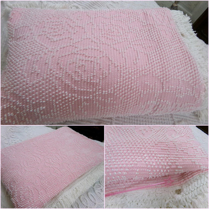 Vintage Twin Chenille Bedspread | Pink White Hobnail Rose Pattern with Fringe | Shabby Chic Woven Cotton Bedding