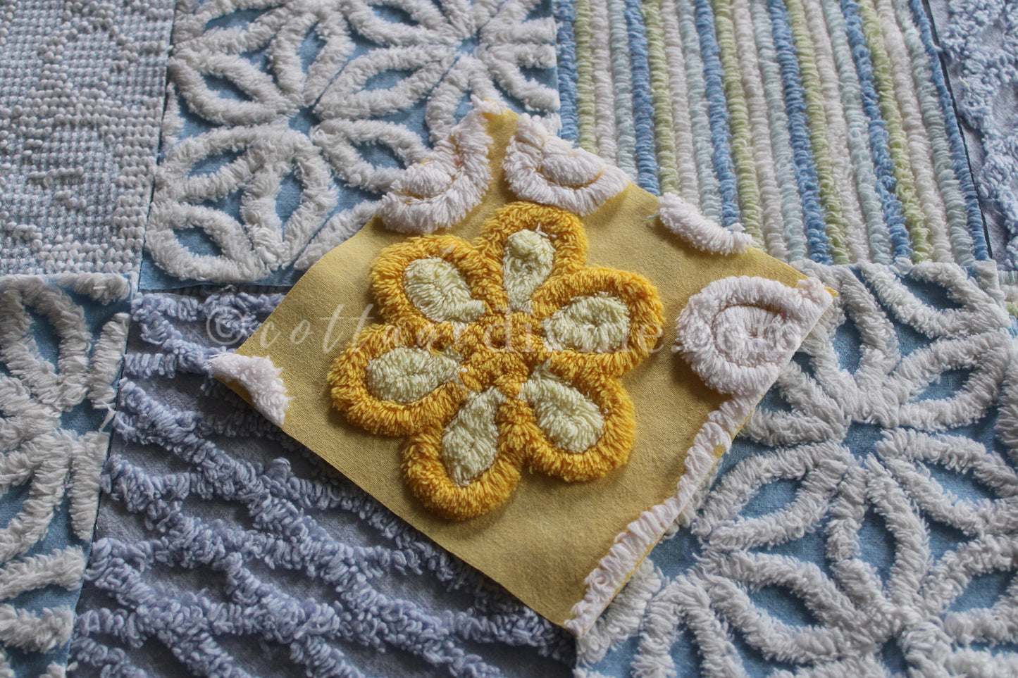 Coastal Morning Chenille Quilt Squares Set, from Vintage Bedspread Fabric, 16 Blocks, 6" inch & Extra Sunshine Flower Square