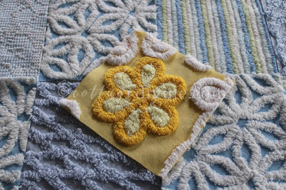 Coastal Morning Chenille Quilt Squares Set, from Vintage Bedspread Fabric, 16 Blocks, 6" inch & Extra Sunshine Flower Square