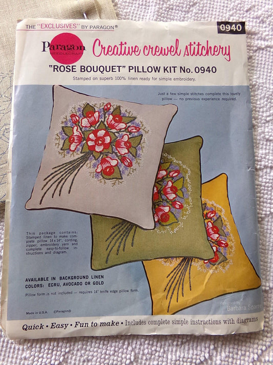 ROSE BOUQUET Pillow Crewel Embroidery Kit, Vintage Paragon Creative Stitchery #0940, Design by Phyllis Hall