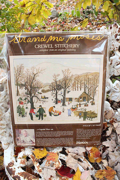 SUGARING OFF Crewel Stitchery Kit, Vintage Grandma Moses Design, Paragon Needlecraft Embroidery Kit # 0202 from 1983