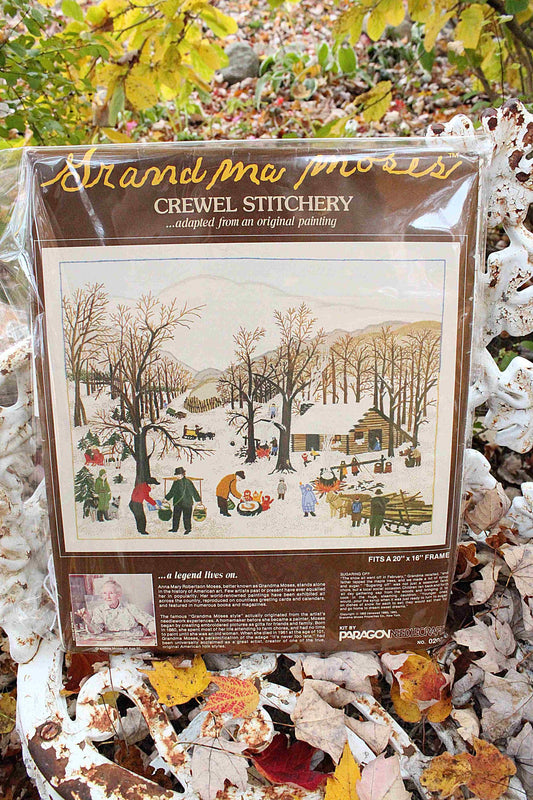SUGARING OFF Crewel Stitchery Kit, Vintage Grandma Moses Design, Paragon Needlecraft Embroidery Kit # 0202 from 1983