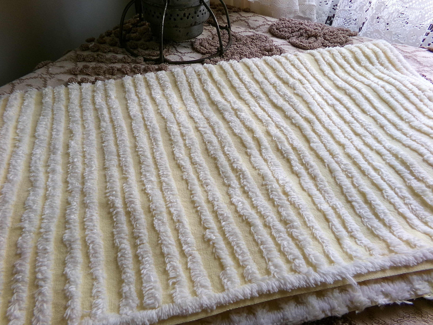 Sunny Yellow Striped Vintage Chenille Quilt Fabric, 18" x 30" inch Piece, White Stripes, 100% Cotton