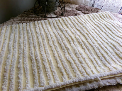Sunny Yellow Striped Vintage Chenille Quilt Fabric, 18" x 30" inch Piece, White Stripes, 100% Cotton