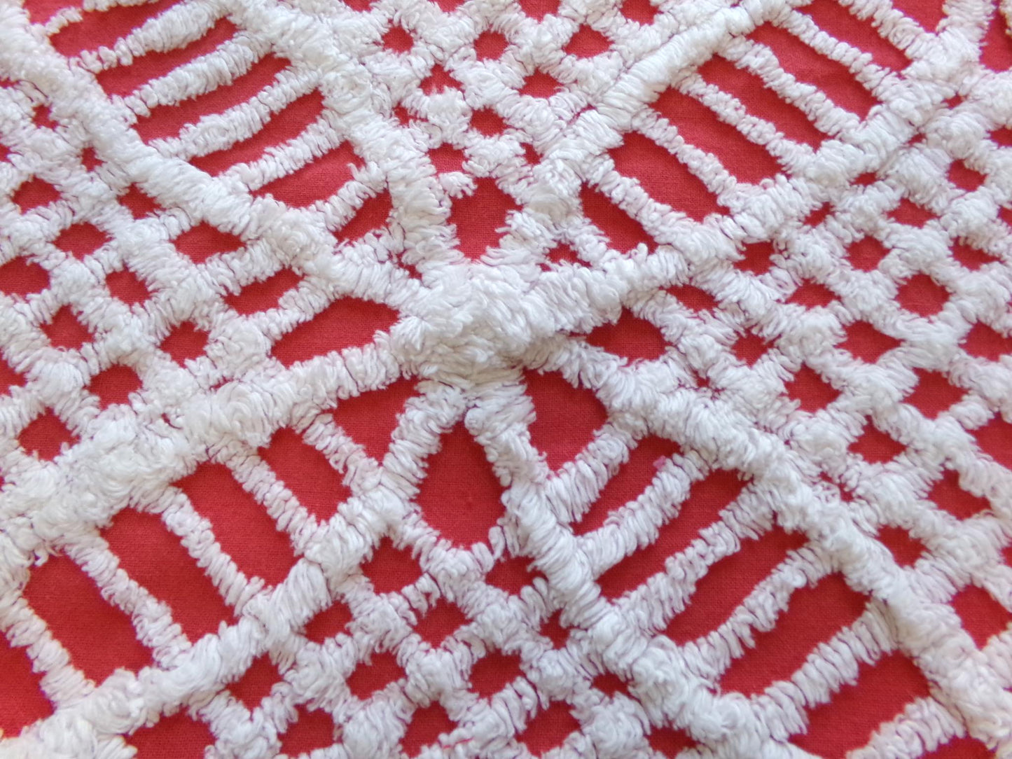Red & White Geometric Chenille Fabric - Vintage Tufted Textured Cotton Fabric Quilting Crafts - 17" x 24" Piece of Sewing Material