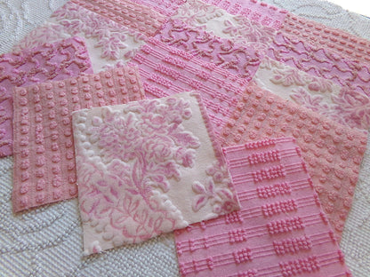 lux pink velvet & chenille fabric squares, set of 16 texturized vintage craft quilt blocks 6" inches for quilt inlays, pillows, fiber arts