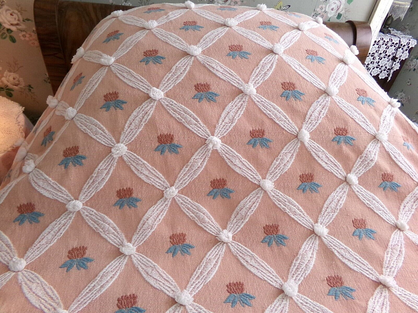 shabby chic style Vintage woven & chenille bedspread, coral rose twin coverlet