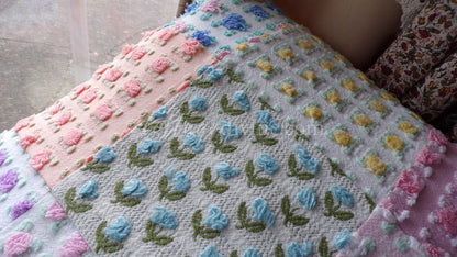 PATCHWORK Roses Floral Chenille Pillow Cover 16" x 16" inch Square, REVERSIBLE Accent Pillow Designed from Vintage Chenille Bedspread Fabric