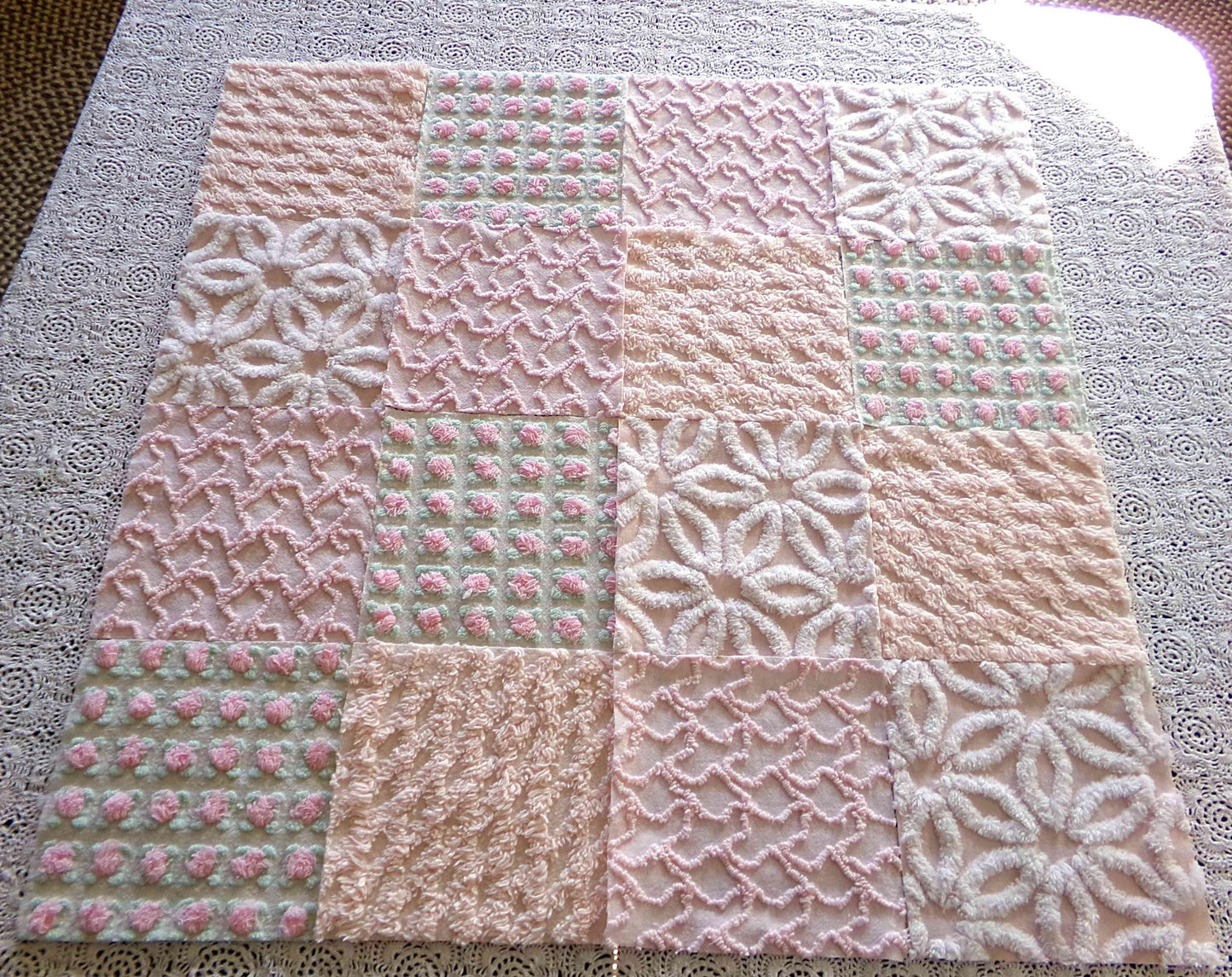 Spring Glow Chenille Quilt Squares Set from Vintage Bedspread Fabric, 16 Blocks, 6" inch ea in pretty daisies, pink rosebuds, peach lattice