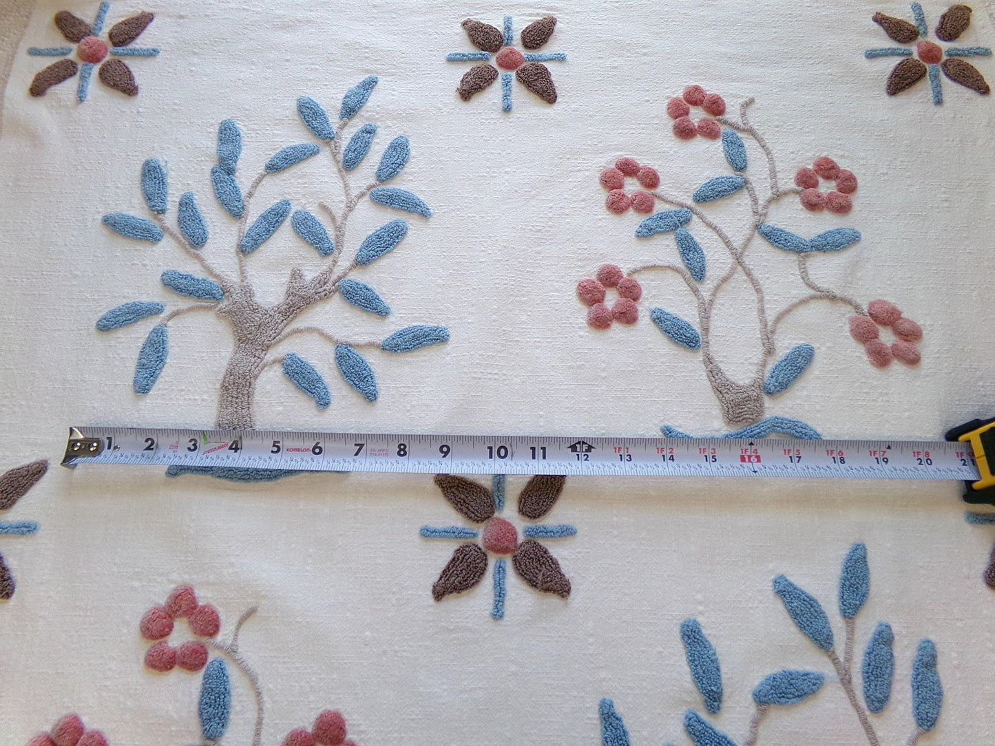 mystic roots vintage chenille fabric w/ 3D tufted earthy tree, floral & star design, 28" x 29" cut piece for wall hangings, fiber arts