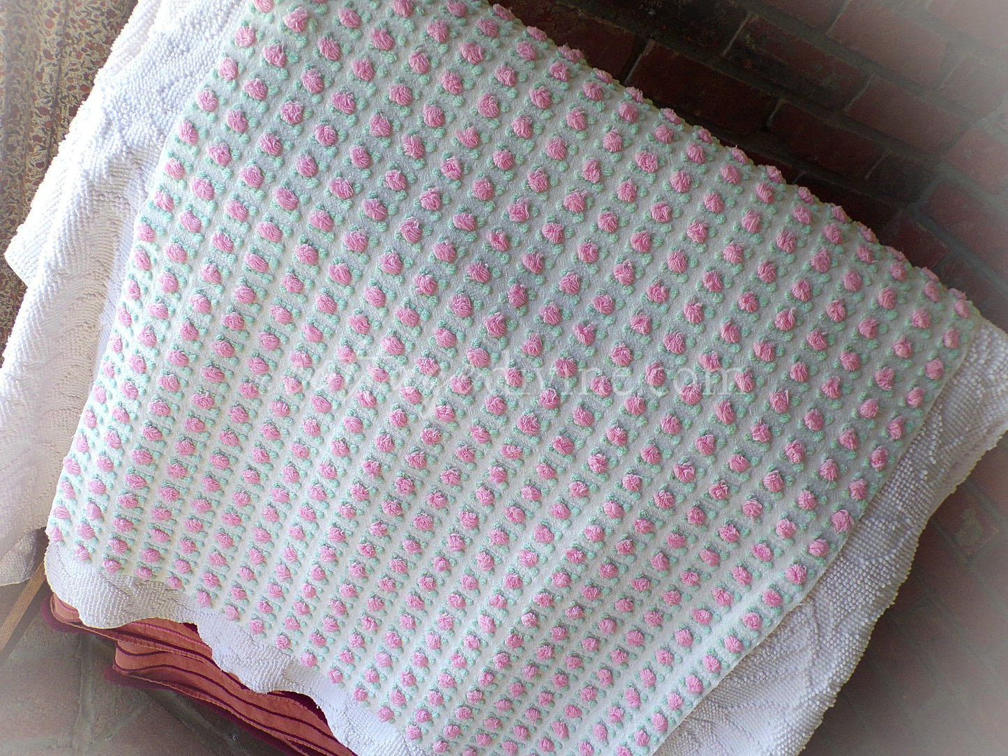 Popular Pink Rosebud Vintage Chenille Fabric, 20" x 24" inch piece, Morgan Jones Roses, a quilter's favorite