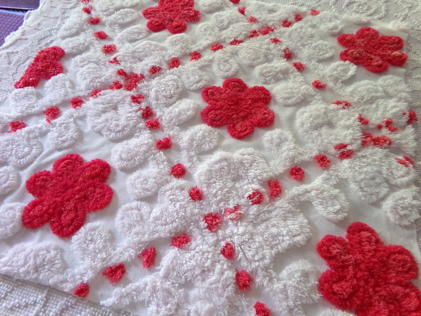 red roses in snow white vintage chenille fabric, 21" x 23" inch piece of shabby style sewing material for quilts & crafts