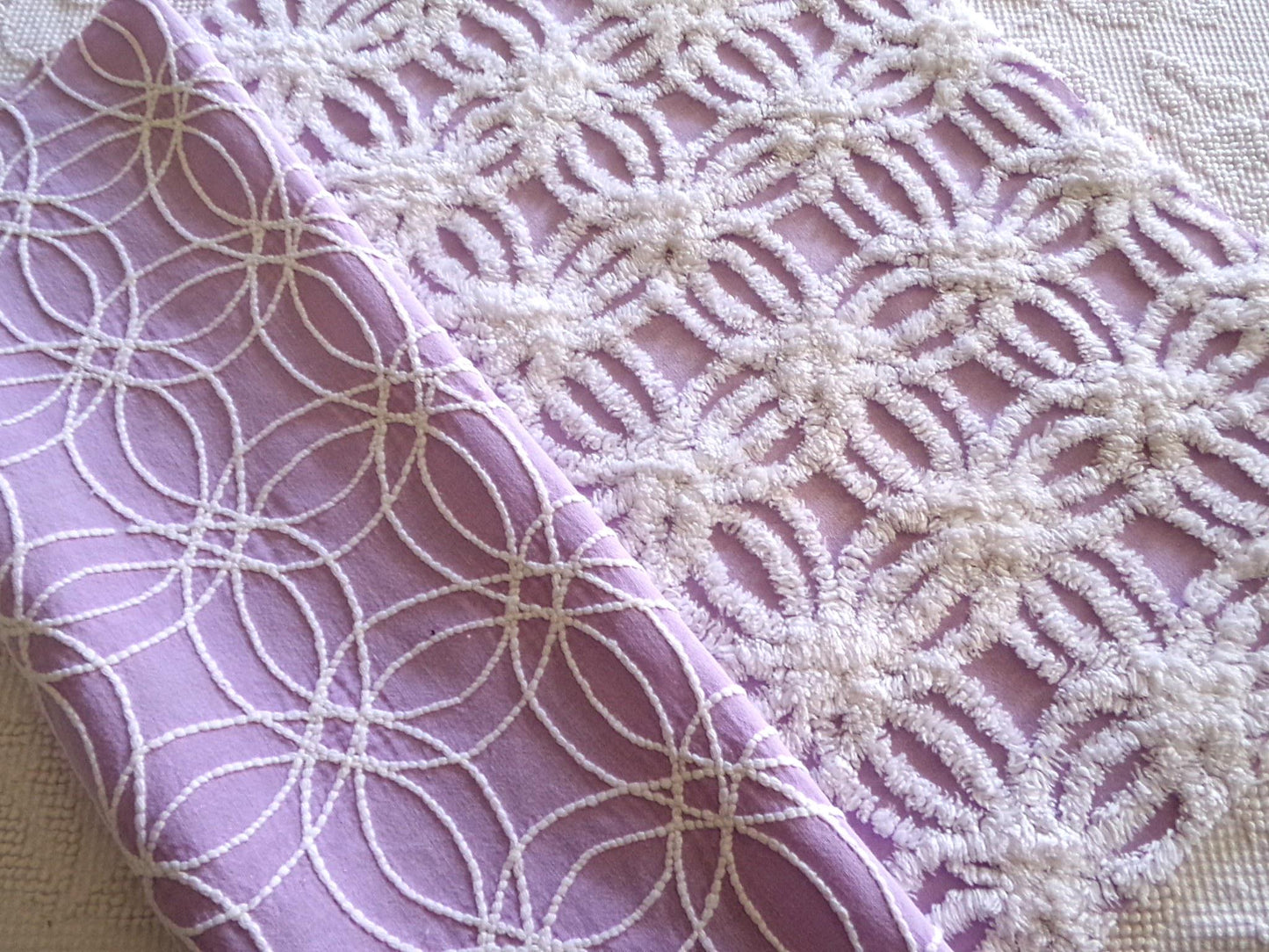 lilac chenille fabric, plush white wedding rings on purple, 18" x 24" inch piece cut from vintage chenille bedspread