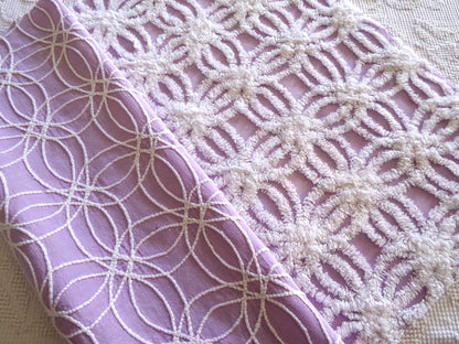 lilac chenille fabric, plush white wedding rings on purple, 18" x 24" inch piece cut from vintage chenille bedspread