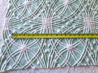 chic jade green vintage chenille fabric, white spider web design, 20" x 26" inch piece for quilting material & sewing