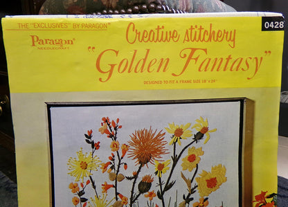 GOLDEN FANTASY Crewel Embroidery Kit, 1970s Vintage Paragon 0428 Stitchery, Hippie Design by Pat Garvin