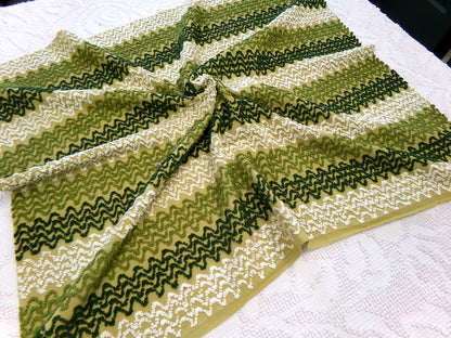 groovy green zig zag vintage chenille fabric, earthy avocado, olive textured pattern, 18" x 24" cut piece for arts & crafts