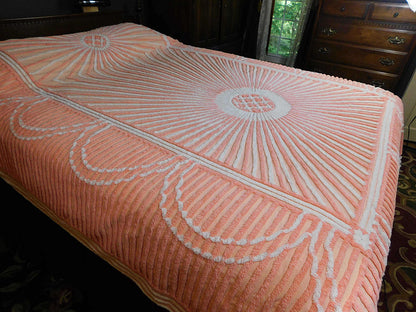 Spectacular STARBURST Peach SUN RAYS Vintage Chenille Bedspread, 100% Plush Cotton, Full Size