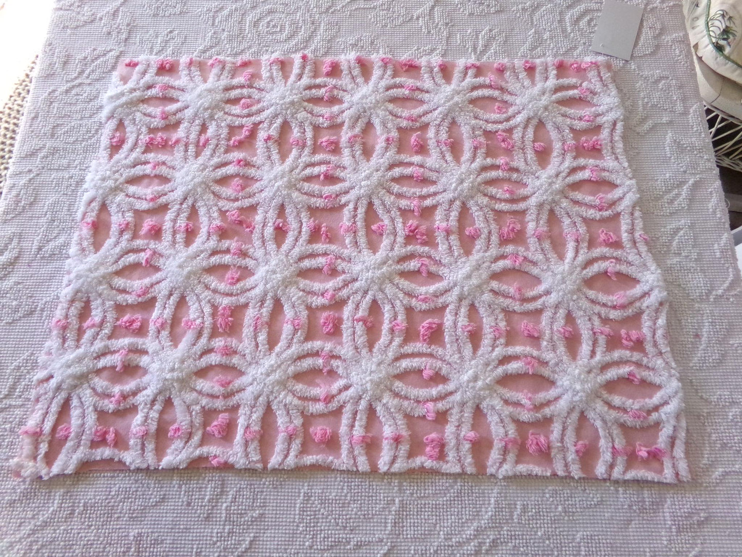 perfectly pink chenille fabric, white tufted wedding rings & sprinkle pops, 18" x 24" inch piece cut from vintage chenille bedspread