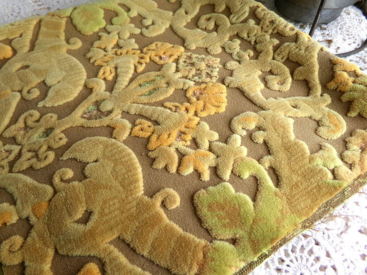 shabby distressed cut velvet fabric, vintage Bates tapestry style chenille material, 20.5" x 15.5" piece, popular in boho bags