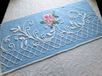 enchanted pink rose vintage chenille fabric, blue floral sewing material, 15" x 30" inch piece for wallhanging, quilts, fiber arts
