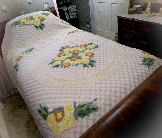 grandmother's garden vintage chenille bedspread, plush swirls & lattice tufting. antique cream rose floral full size luxury cotton bedding