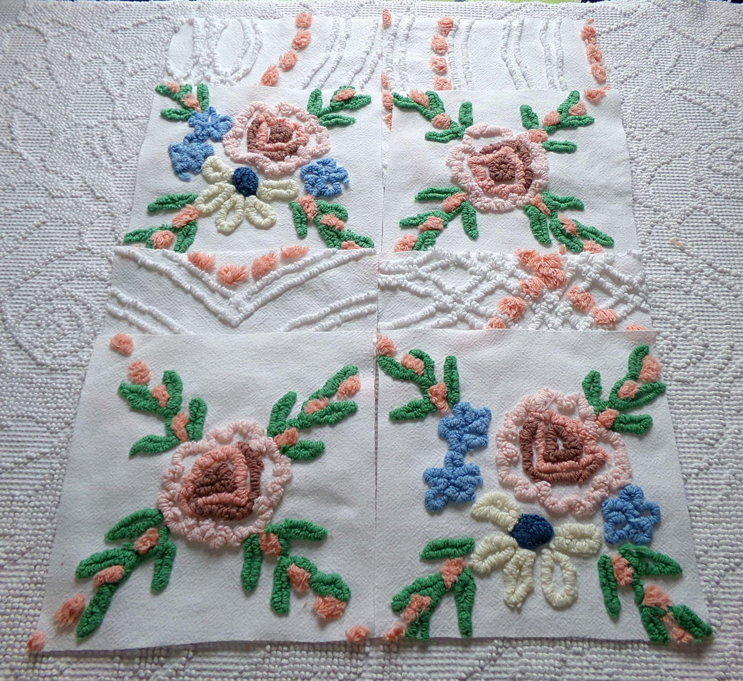 cottage chic chenille fabric squares, set of 8 vintage 7.5" quilt blocks, peach, white rose floral & geometric for sewing, crafts, quilting