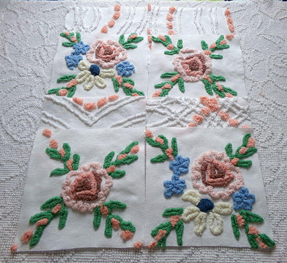 cottage chic chenille fabric squares, set of 8 vintage 7.5" quilt blocks, peach, white rose floral & geometric for sewing, crafts, quilting