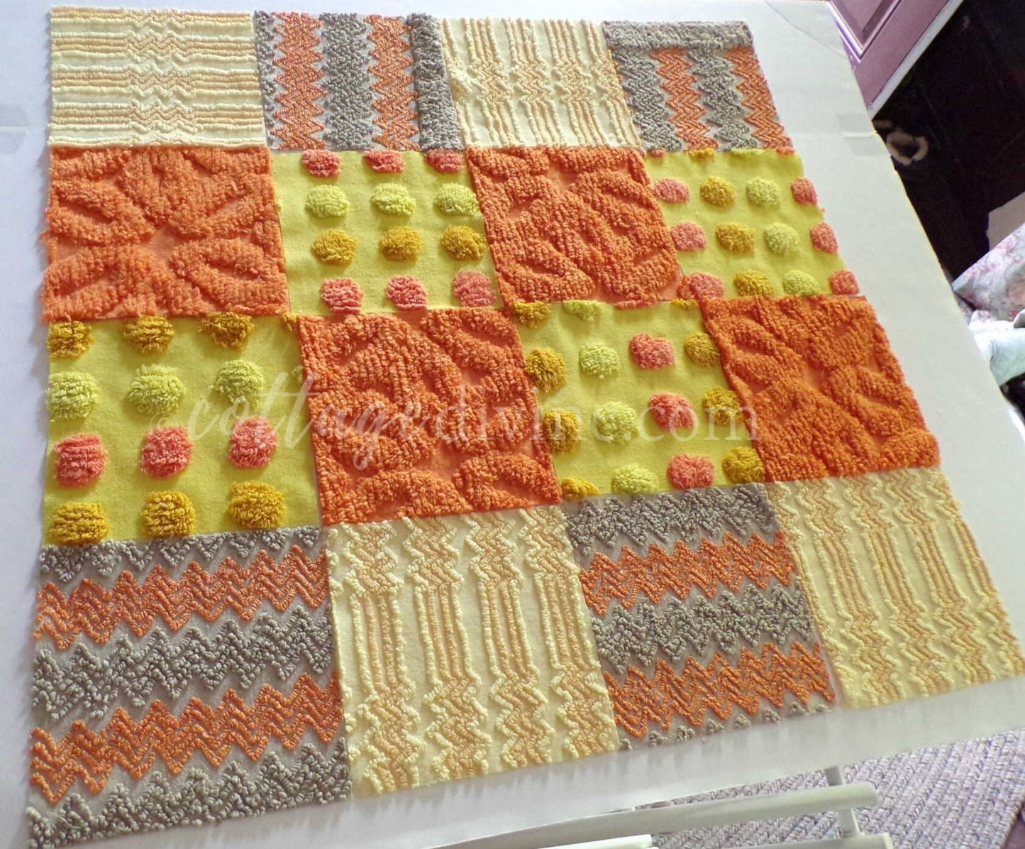 Quilt Squares Set, "Wild Lightning Zaps" from Vintage Chenille Bedspread Fabric, 16 Blocks, 6" x 6" inch