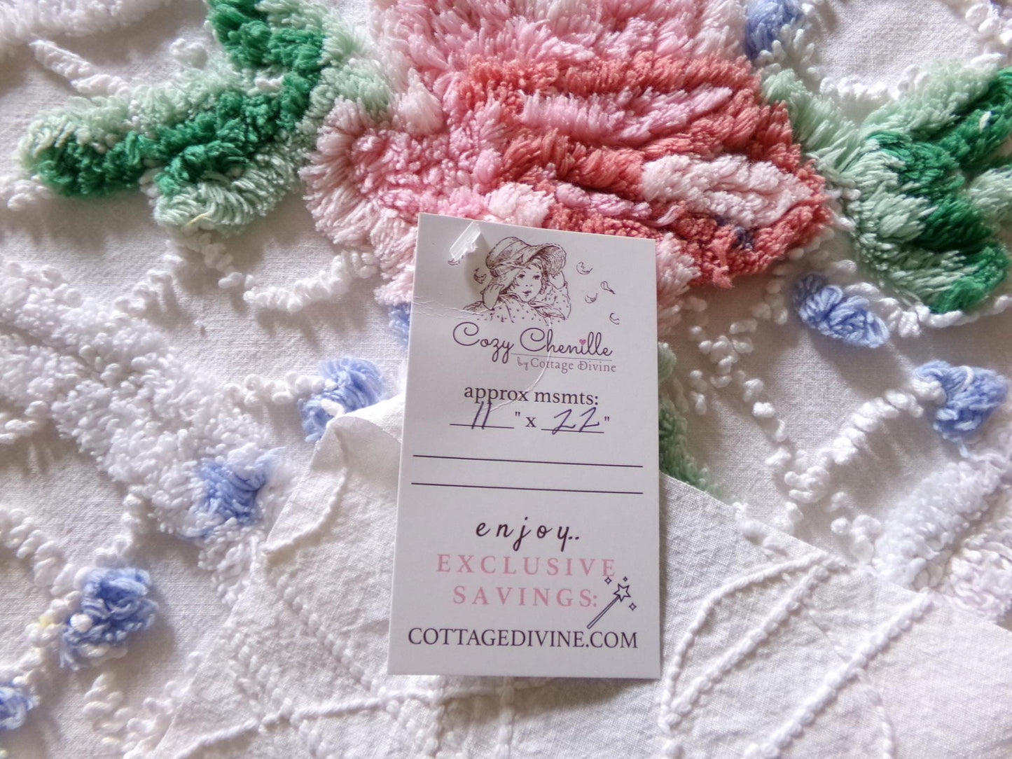 pretty pink rose fabric piece, vintage floral chenille cottage shabby sewing material, 11" x 22" inches