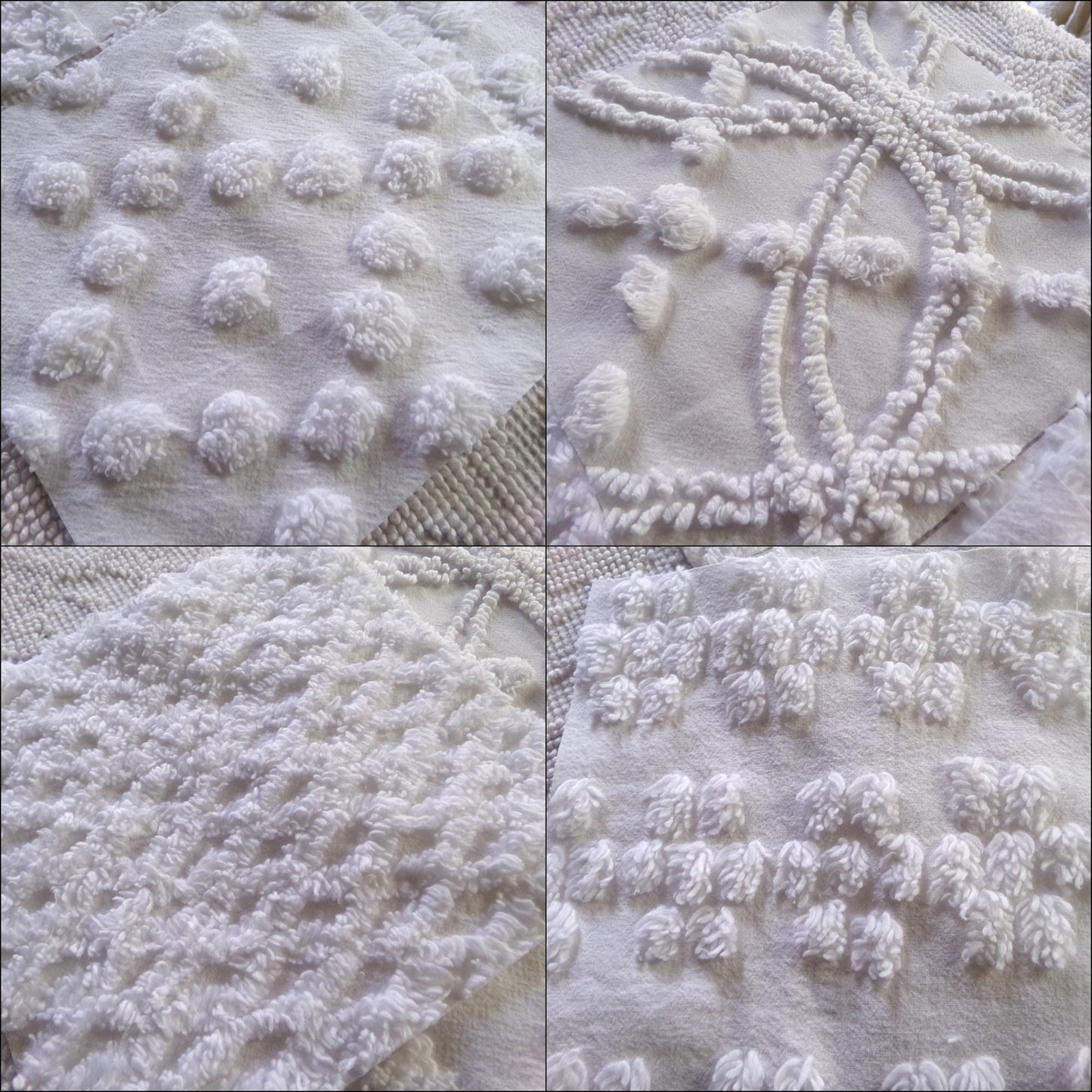 farmhouse style white chenille fabric squares, 7.5" vintage quilt blocks, set of 8 for sewing, crafts & quilting