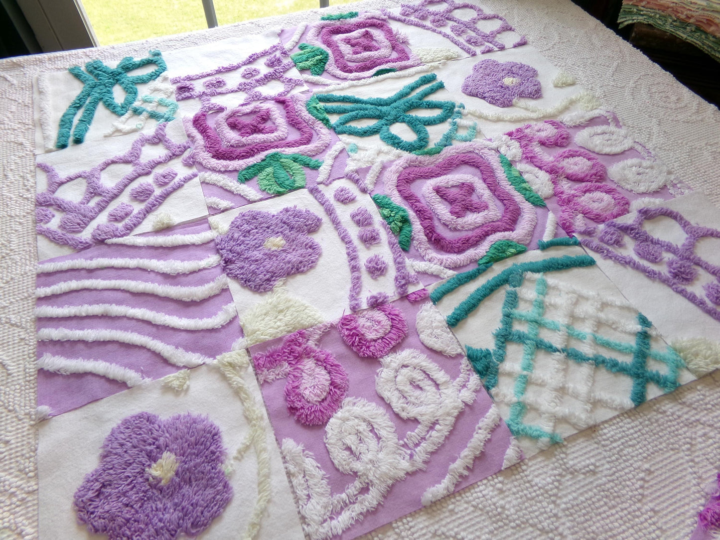 vintage chenille fabric squares: set of 16 lavender & lilacs, teal white cotton 6" quilt blocks