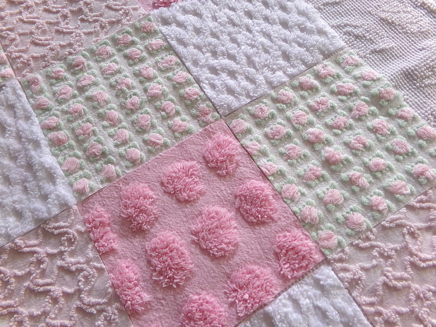fairy chic chenille fabric squares, pink cottage rosebuds, 16 vintage quilt blocks 6" x 6" inch, for patchwork pillows, quilting, crafts