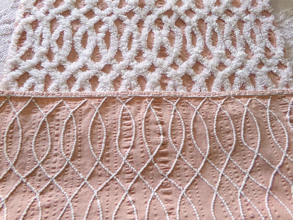 plush white eternity link chenille fabric on peach cotton seersucker, 19" x 25" inch piece of sewing material