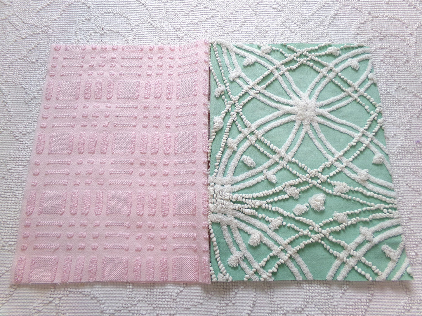 Vintage Chenille Fabric: 2 Pieces Quilt Material 12" x 18" each in Jade Green Tufts & Ballet Pink Dash Dots