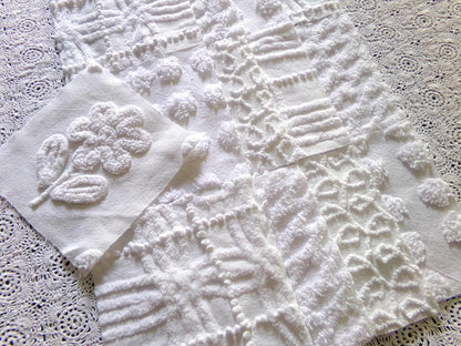 Snowy Whites Chenille Quilt Squares Set from Vintage Bedspread Fabric, 17 Blocks 6" x 6" inch, Pops, Squiggles, Lattice & a Daisy